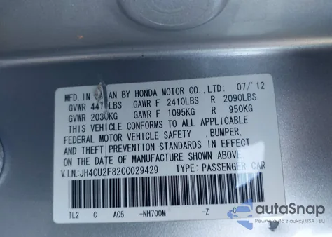 2012 Acura Tsx 2.4 from USA, damaged, VIN JH4CU2F82CC029429